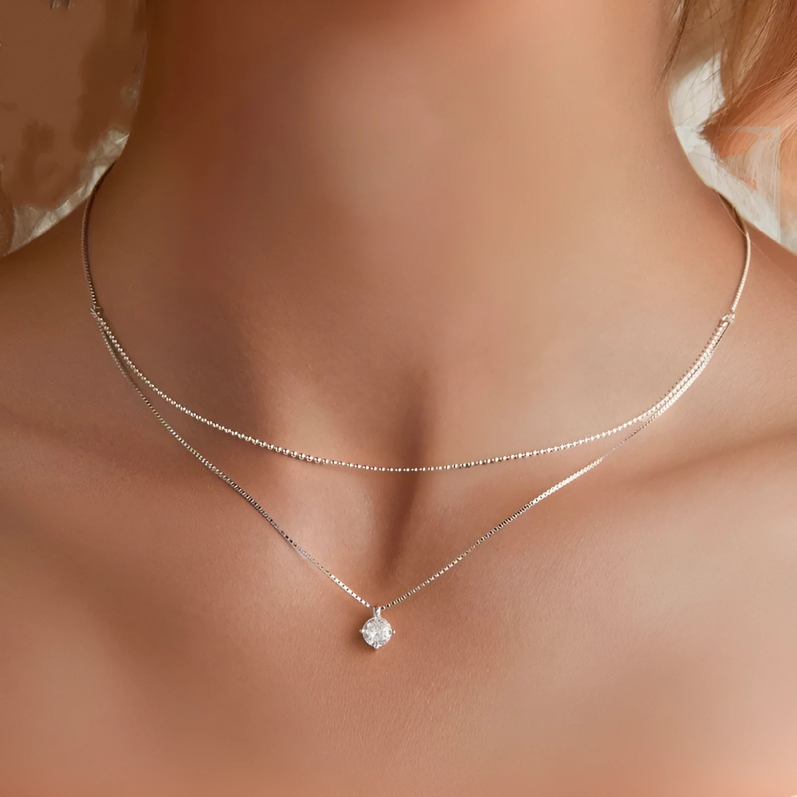 S925 sterling silver necklace with double-layer pendant and pearl chain in silver colour
