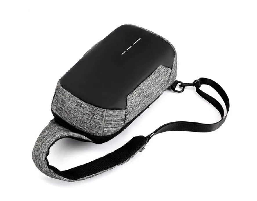 Dark blue waterproof oxford cloth chest bag with a zipper and single strap.