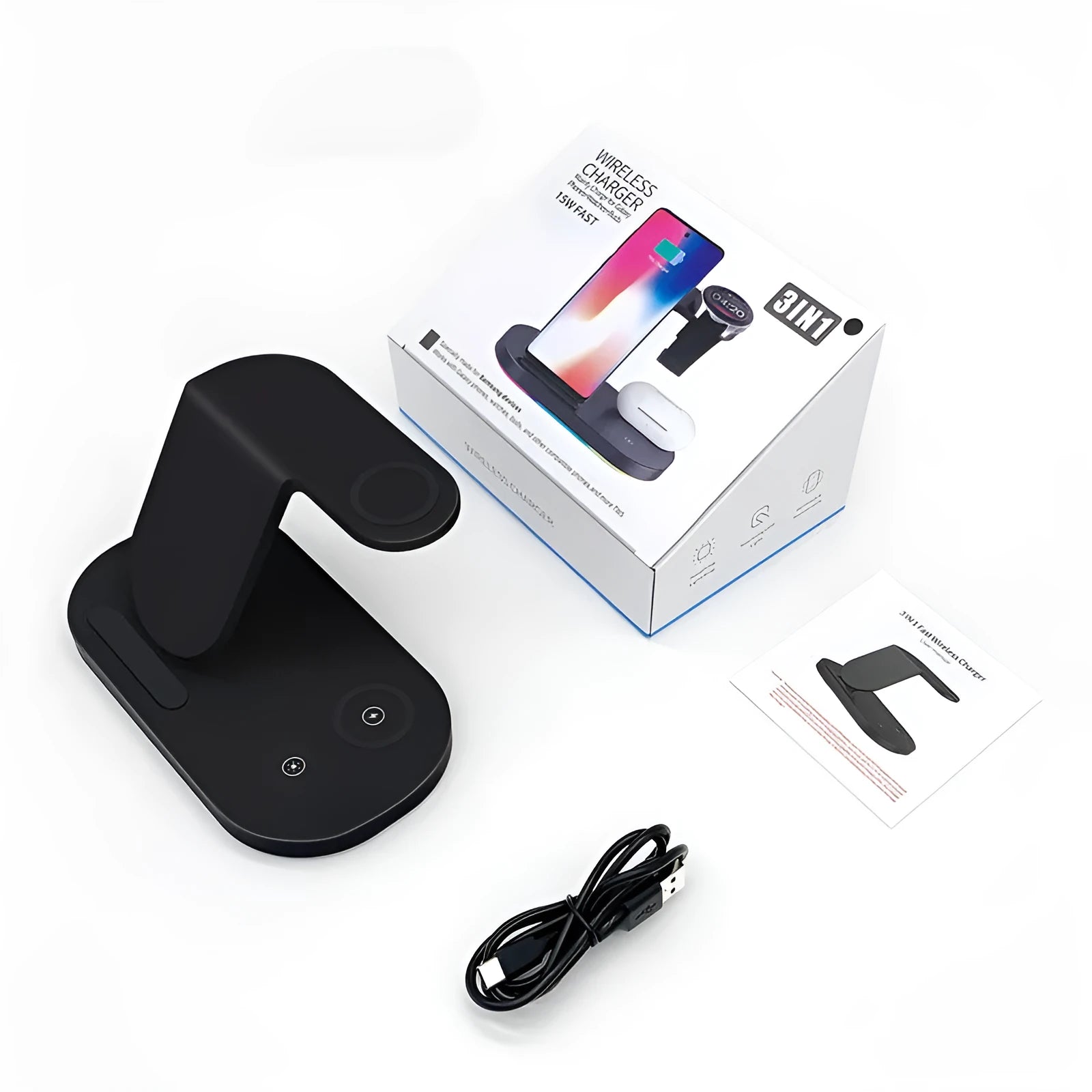 Three-in-one wireless charging station for mobile phones, watches and headphones in black or white