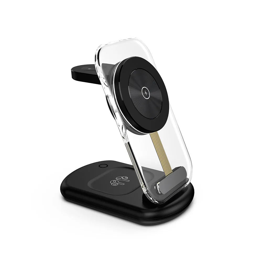 Transparent folding three-in-one magnetic wireless charger in black or white colour, showing fast charge QC3.0 support.