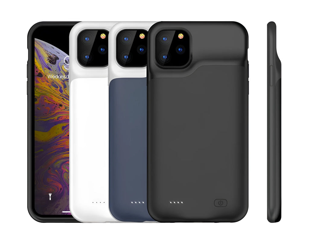 Black silicone iPhone battery charger case showing Lightning port and soft shell construction