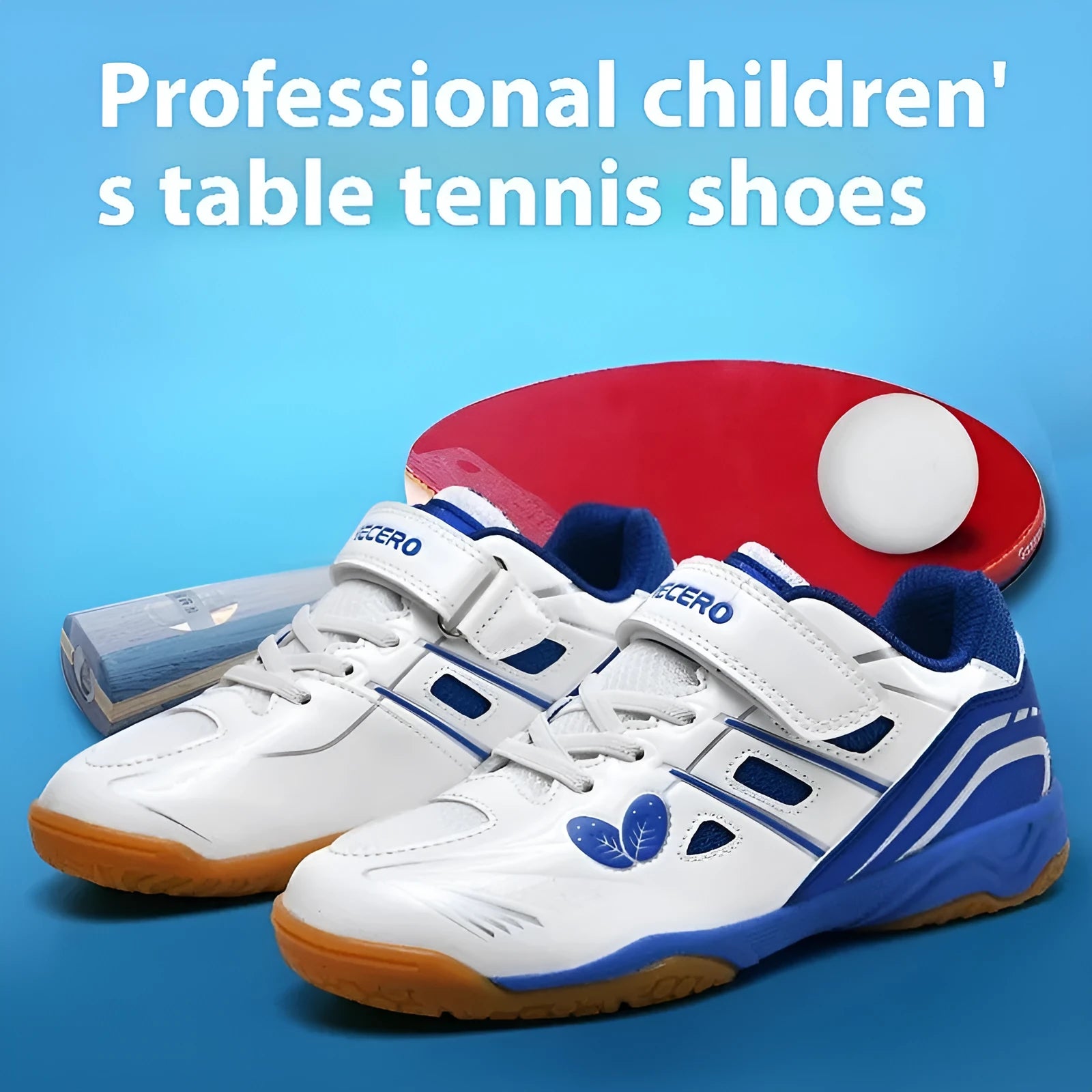 Lightweight white and blue badminton shoes with ribbed sole on an indoor court.