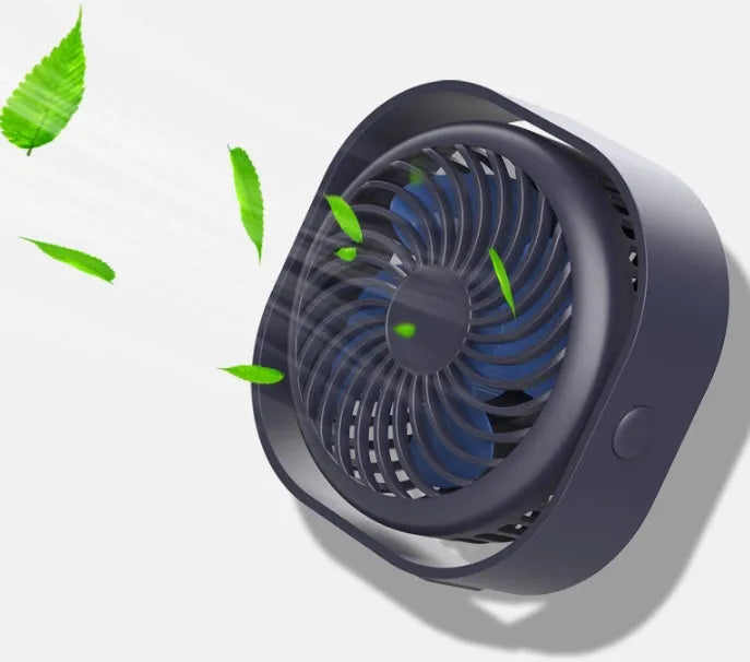 USB desk fan with alarm clock in blue colour, showing rotary switch and plastic blades.