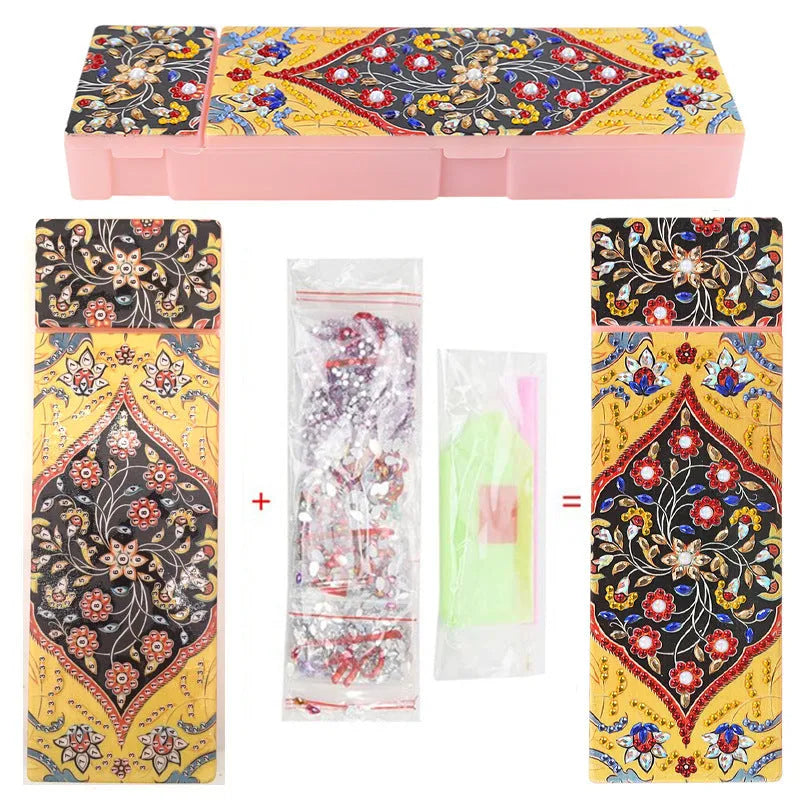 DIY diamond painting kit with PU leather wristlet pencil case, resin diamonds, and crafting tools laid out.