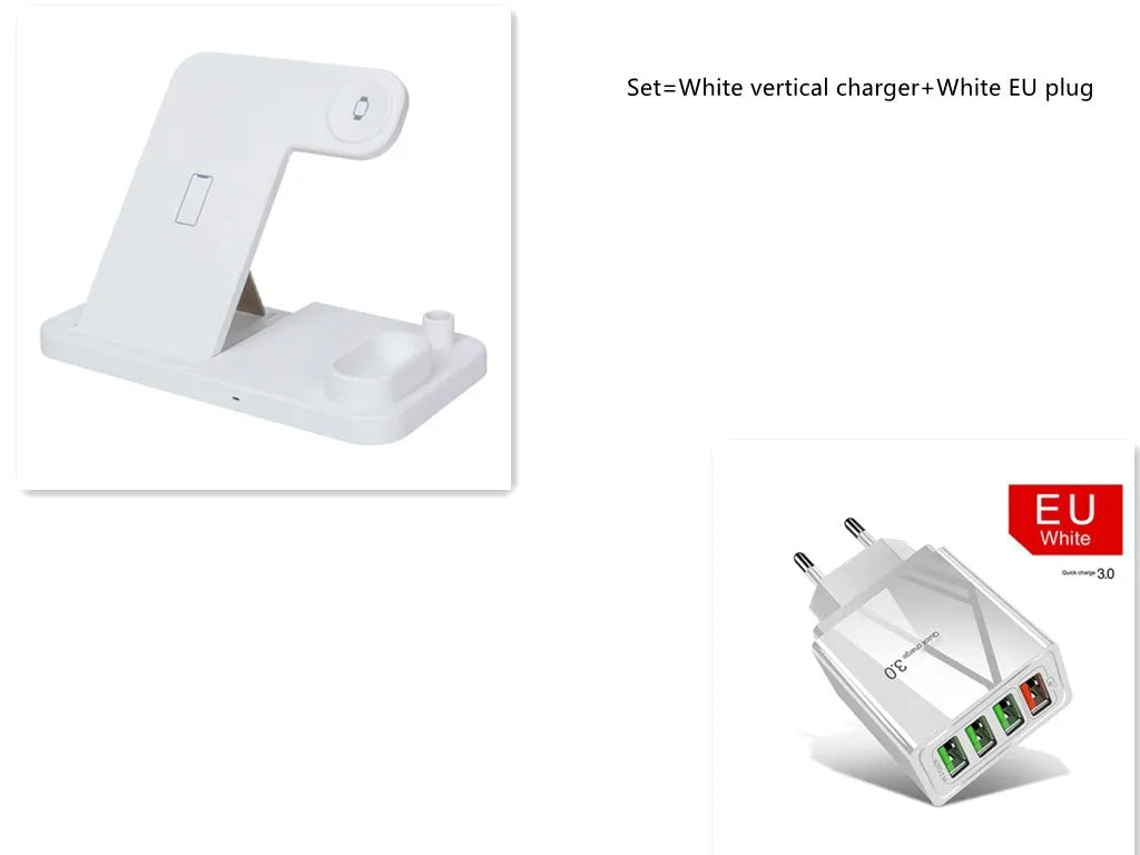 White 4-in-1 wireless charging station with phone on adjustable stand, Apple Watch, AirPods and Apple Pencil charging.