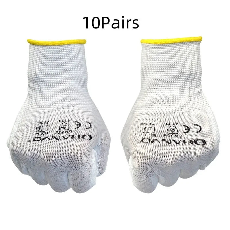 White PU-coated labour gloves showing flexible design and 24cm length on work surface