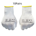 White PU-coated labour gloves showing flexible design and 24cm length on work surface