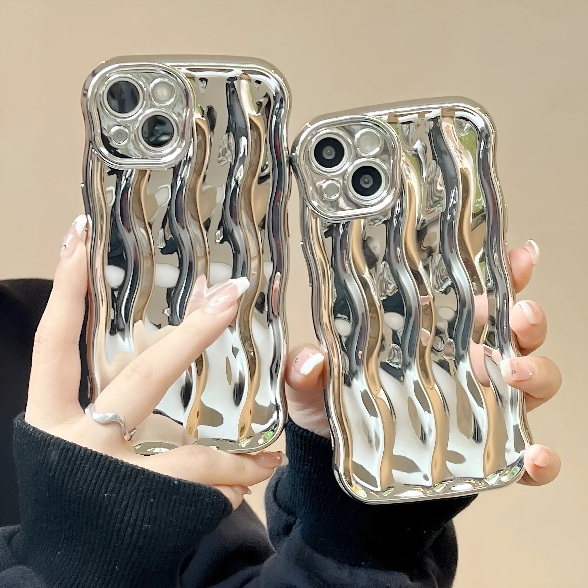Electroplated three-dimensional wave stripe protective phone case for iPhone 17 series in various colour options.