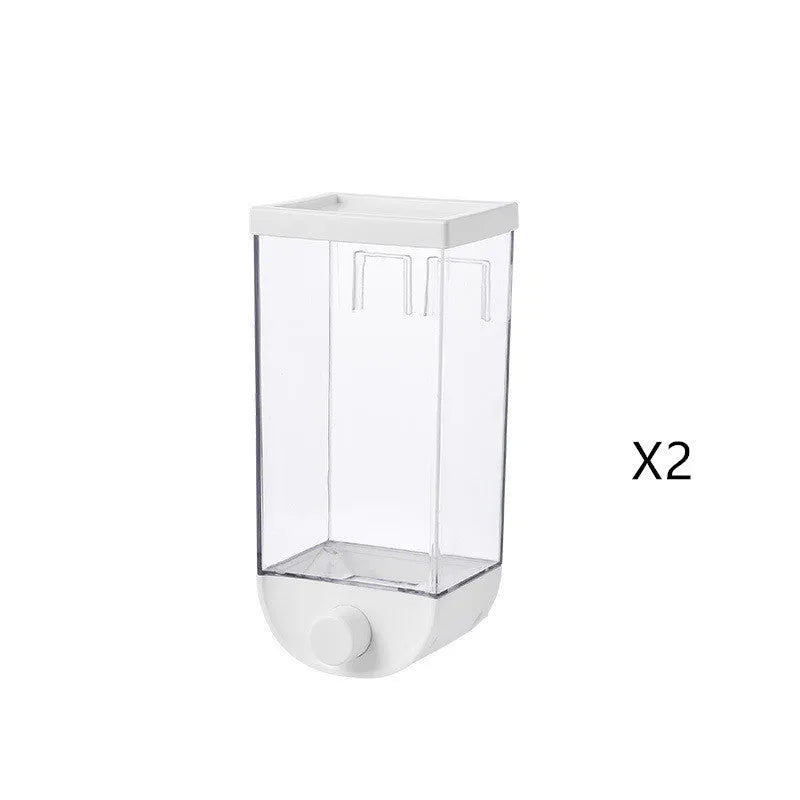 White transparent kitchen food storage box with easy press cereal dispenser lid.