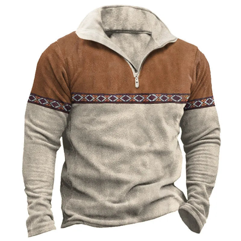 Retro patchwork polo shirt sweater with zip front closure in cotton blend fabric