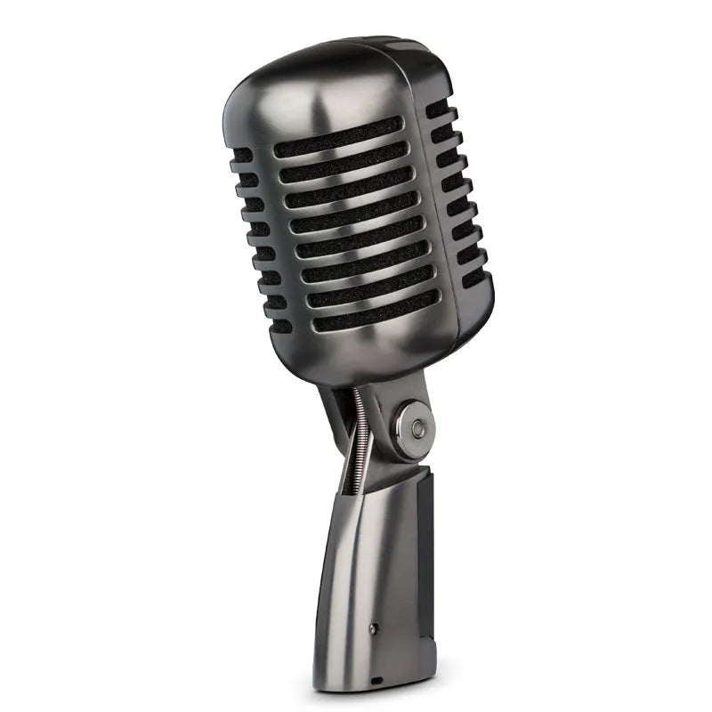 Retro-style silver condenser microphone with USB cable for PC recording and karaoke.