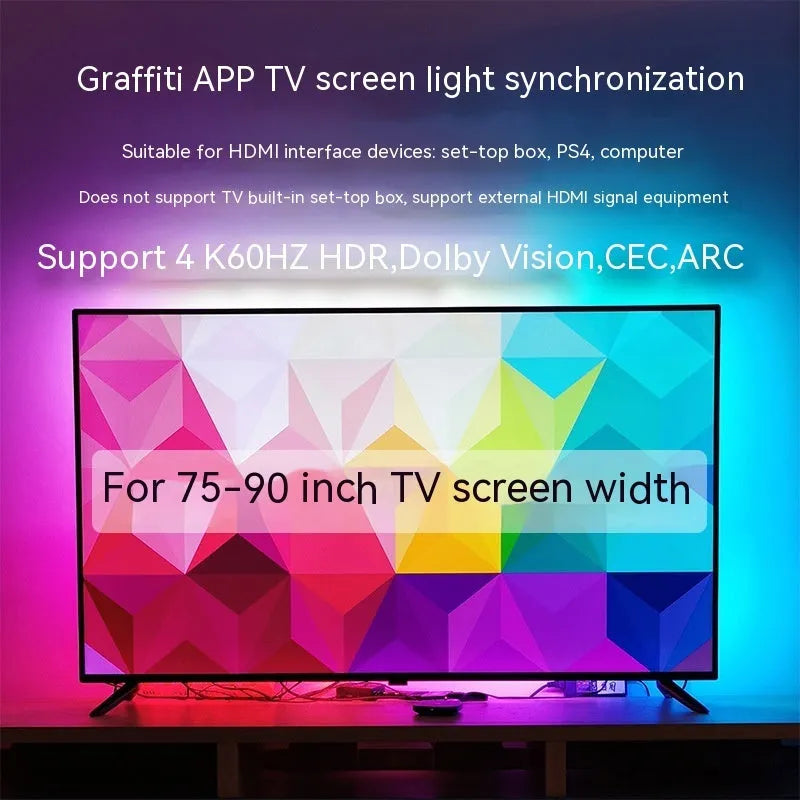 Smart TV sync ambience light streamer with colourful LED lighting behind television