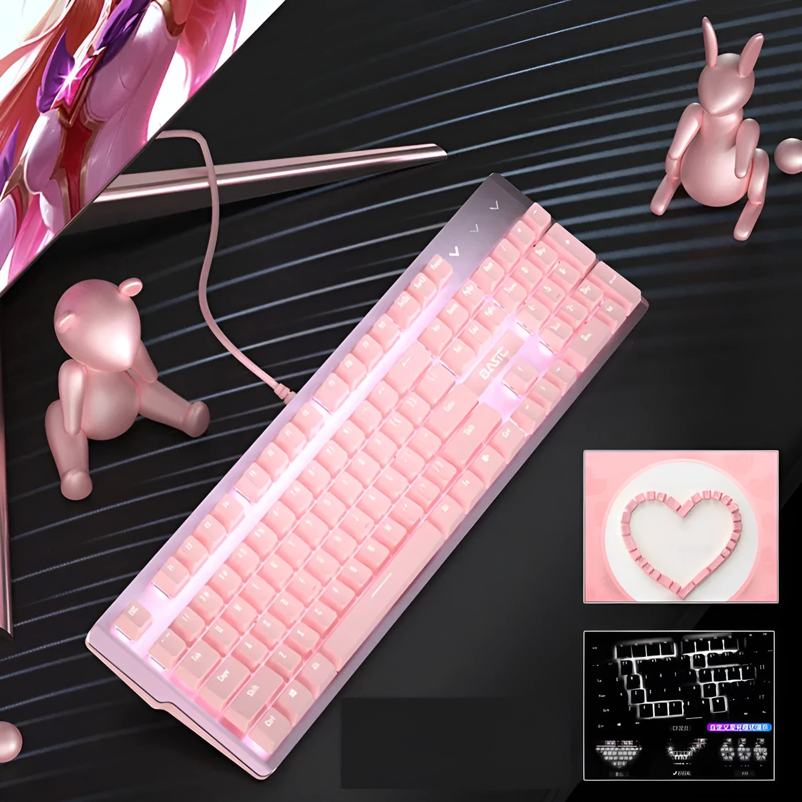 Pink coloured mechanical keyboard with 104 keys, showcasing choice of black, green, or red mechanical switches.