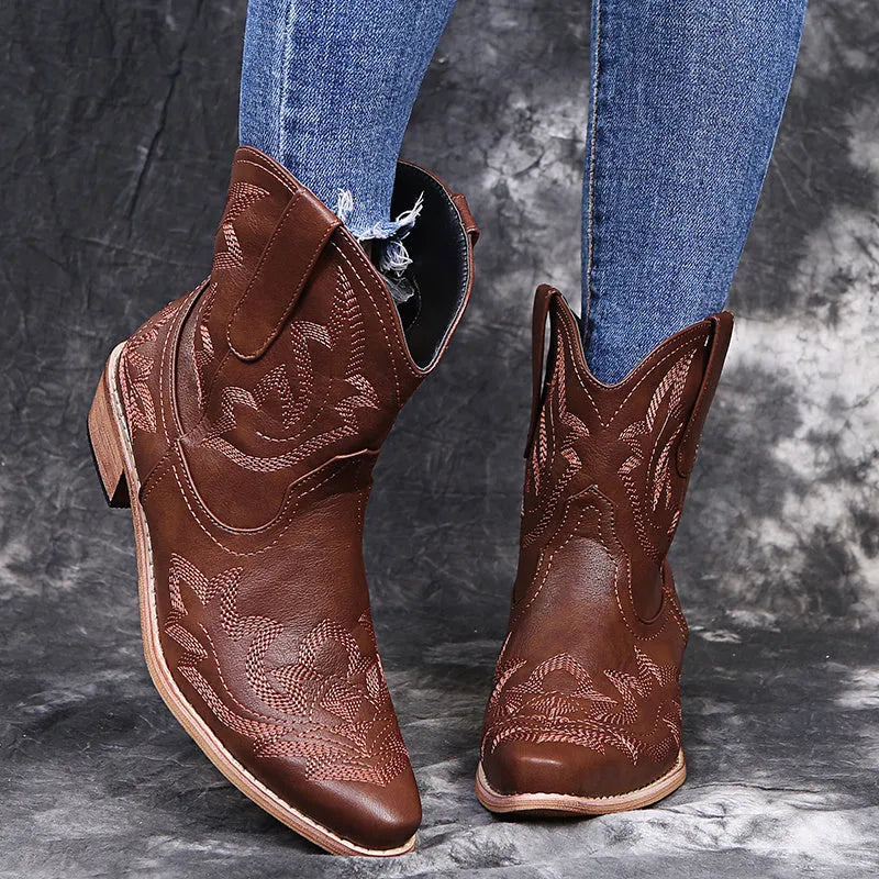 Blue women's Western cowgirl boots with embroidery detail, low wedge heel, and pointed toe.