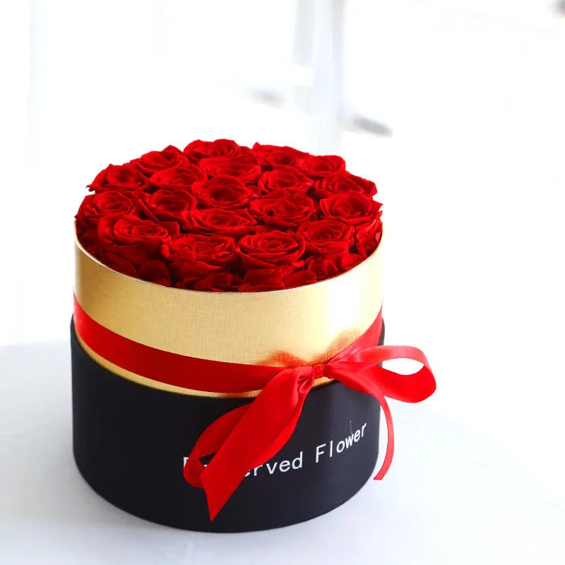 Boxed set of preserved red eternal roses in a luxury gift box for Valentine's Day.