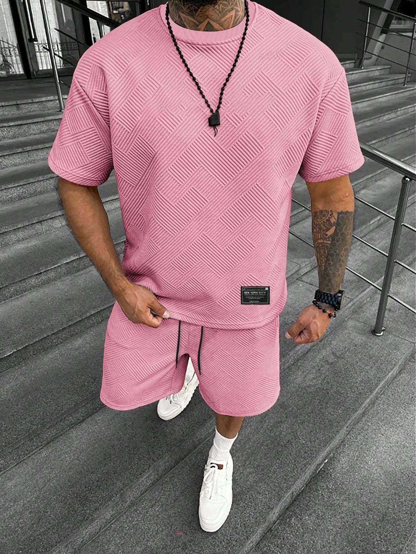 Men's short sleeve top and matching shorts with 3D digital printed pattern in a polyester blend fabric
