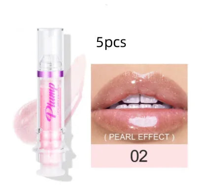 Lip gloss tube with mirror finish showing shiny application on lips