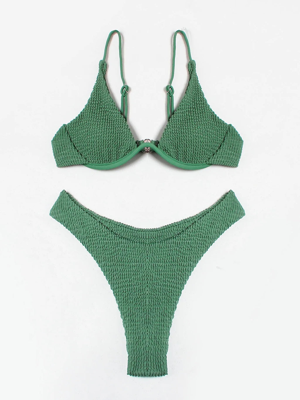 Green women's bikini set with ruffle trim, showing top and split briefs made from quick-dry polyester fabric.
