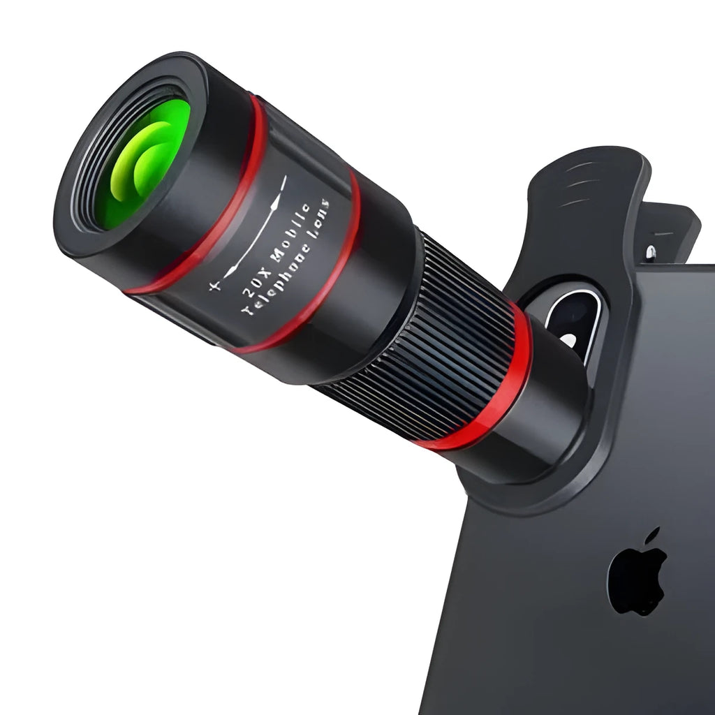 20x magnification mobile phone telescope with universal mounting clip and single eyepiece mask.