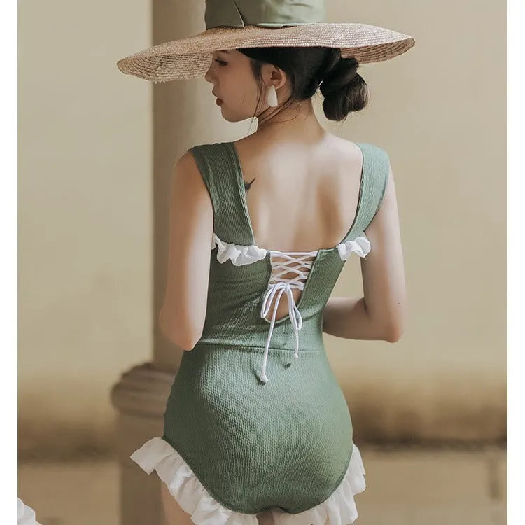 Korean style high-waist one-piece swimsuit in black, green, or pink with quick-drying polyester fabric