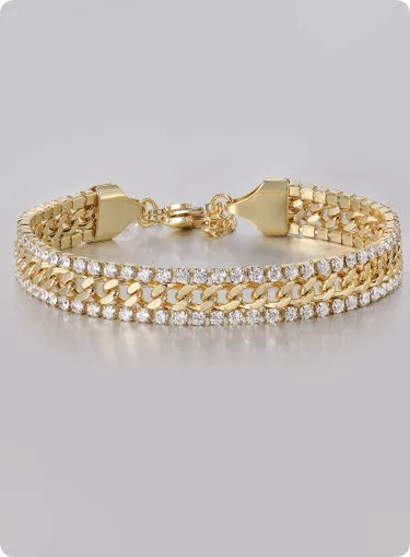 14K gold-plated titanium steel tennis bracelet with artificial gemstone inlay in European American hip hop style