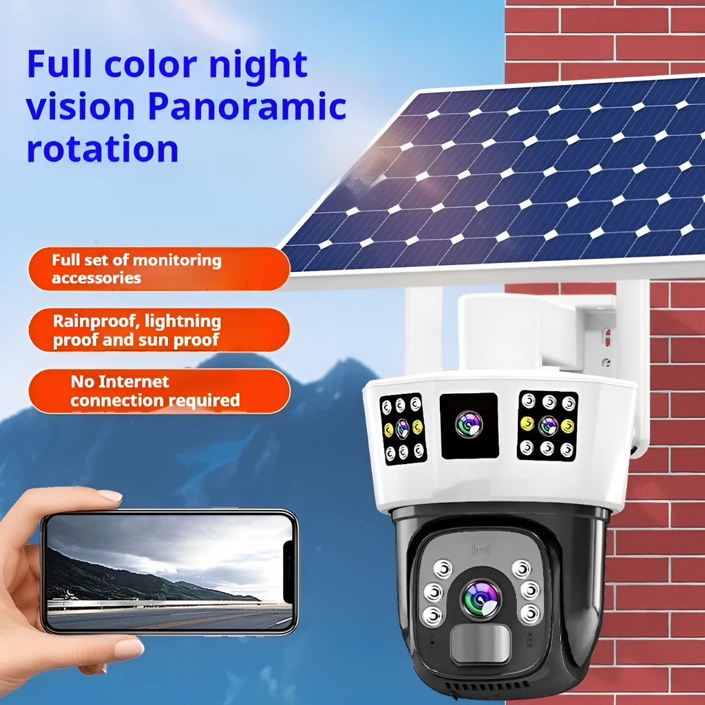 Solar-powered triple-screen surveillance camera with integrated solar panel for outdoor security