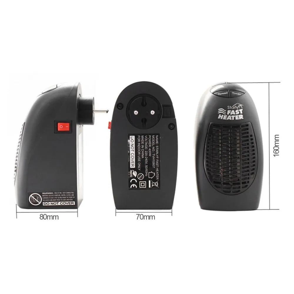 Compact black portable electric heater with digital display and a rotating plug.