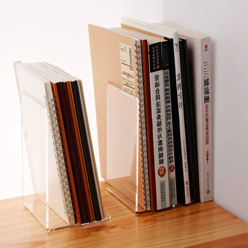 Transparent acrylic bookshelf displaying two books with smooth edges and clear plexiglass construction