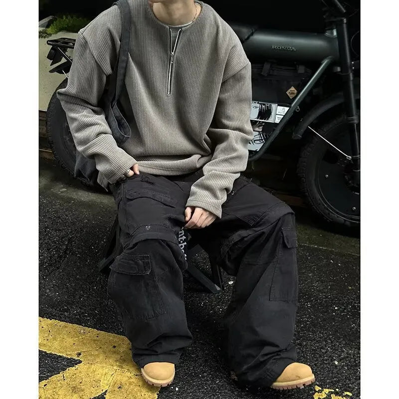Grey loose-fit long sleeve polyester pullover top for early spring