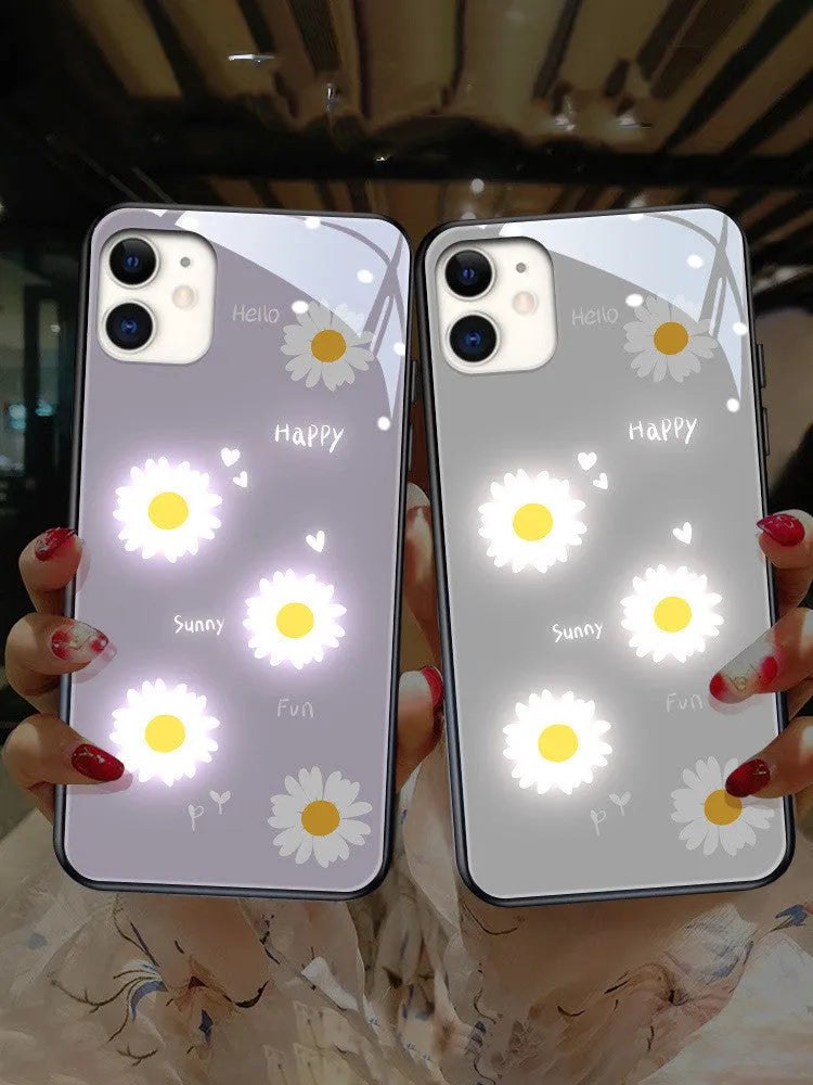 Luminous iPhone case with voice-activated colour lights and painted daisy floral designs on TPU protective shell