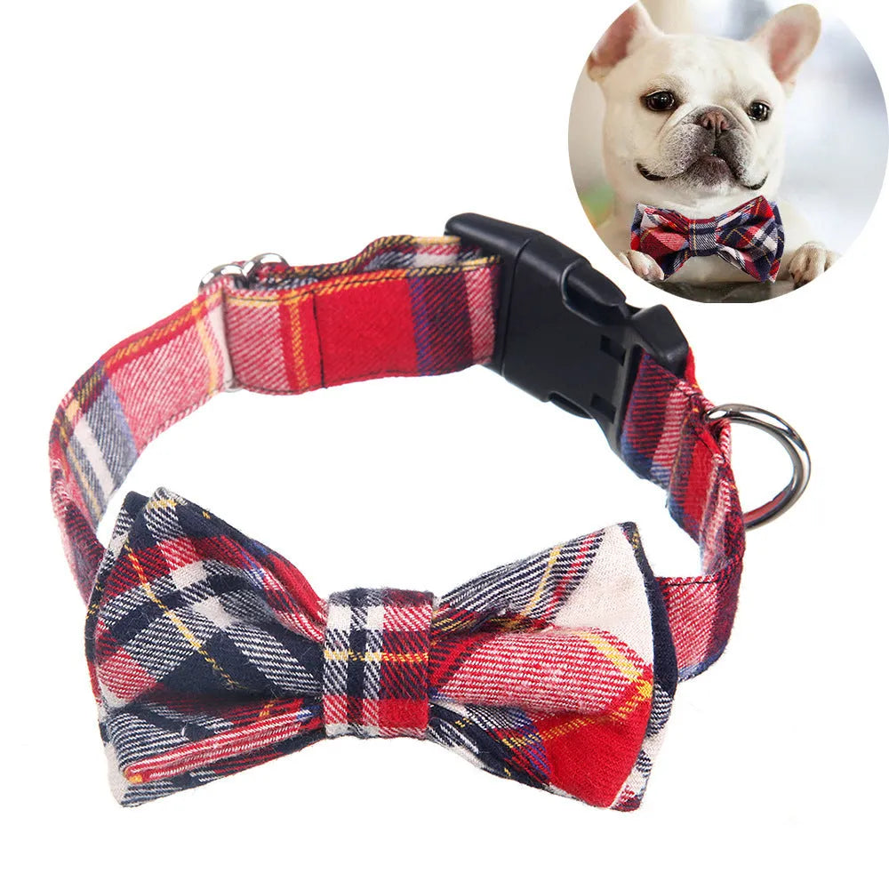 Pet bow collar grid pattern cloth blue, 2.0cm wide, size S, for dogs with neck circumference 31-39cm