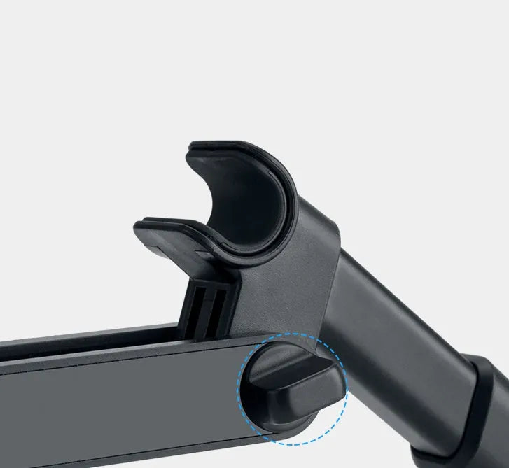 Black universal car phone and tablet holder mounted on a rear seat base.