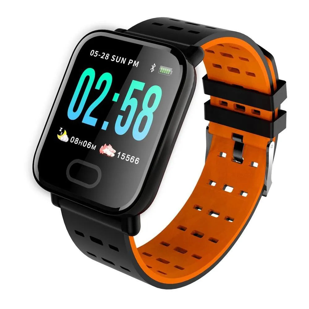 A6 colour screen smart bracelet in blue, black, or orange with silicone strap on wrist.