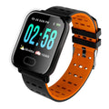 A6 colour screen smart bracelet in blue, black, or orange with silicone strap on wrist.