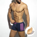 Men's polka dot print quick-dry swimming boxers in black, dark blue, and yellow colour options