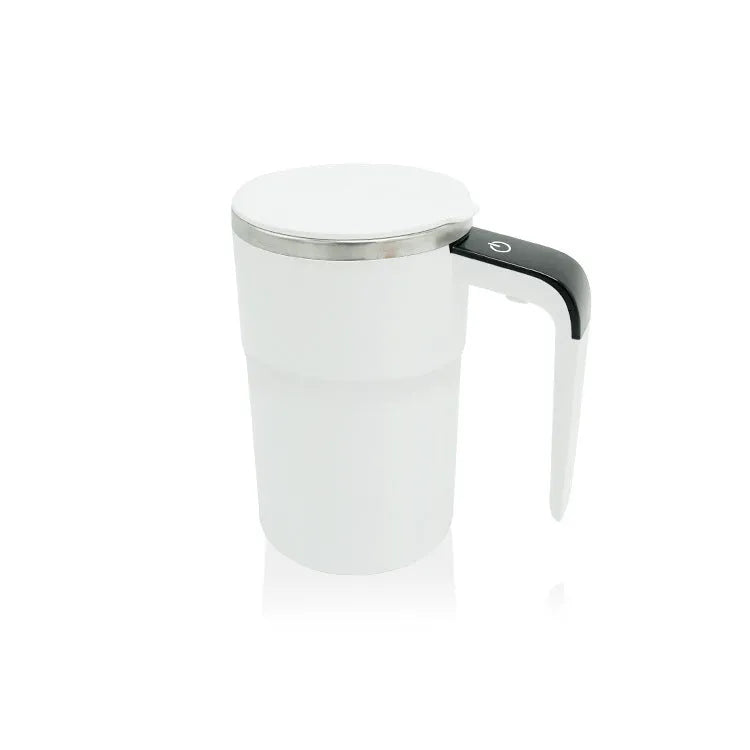 White automatic electric stirring cup with LCD screen and USB charging cable.