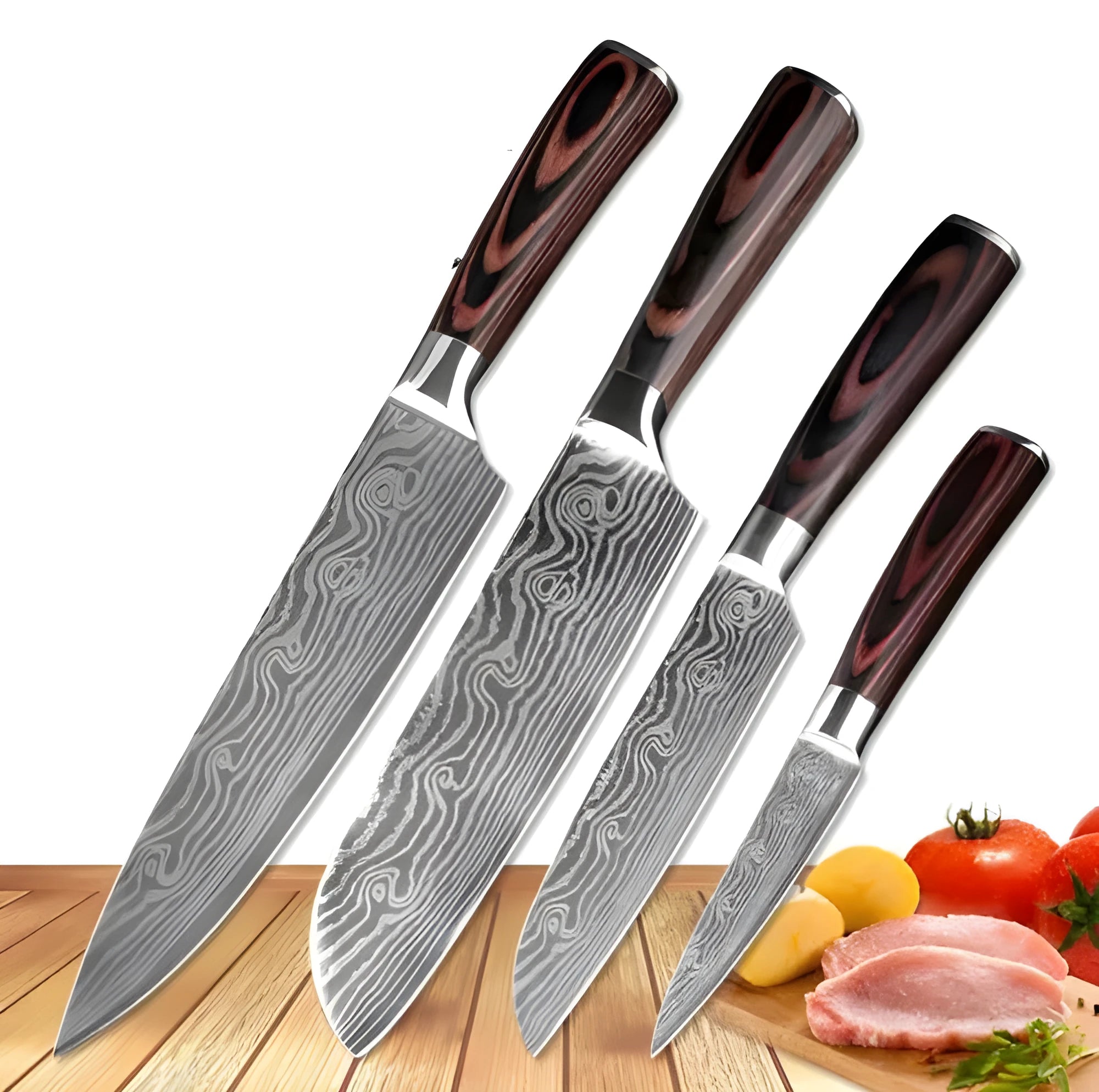 7Cr17 stainless steel kitchen knife with coloured wood handle and Damascus pattern blade on a black gift box.