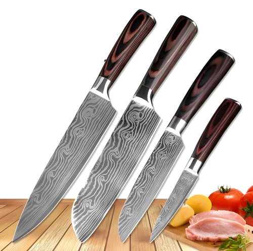 7Cr17 stainless steel kitchen knife with coloured wood handle and Damascus pattern blade on a black gift box.