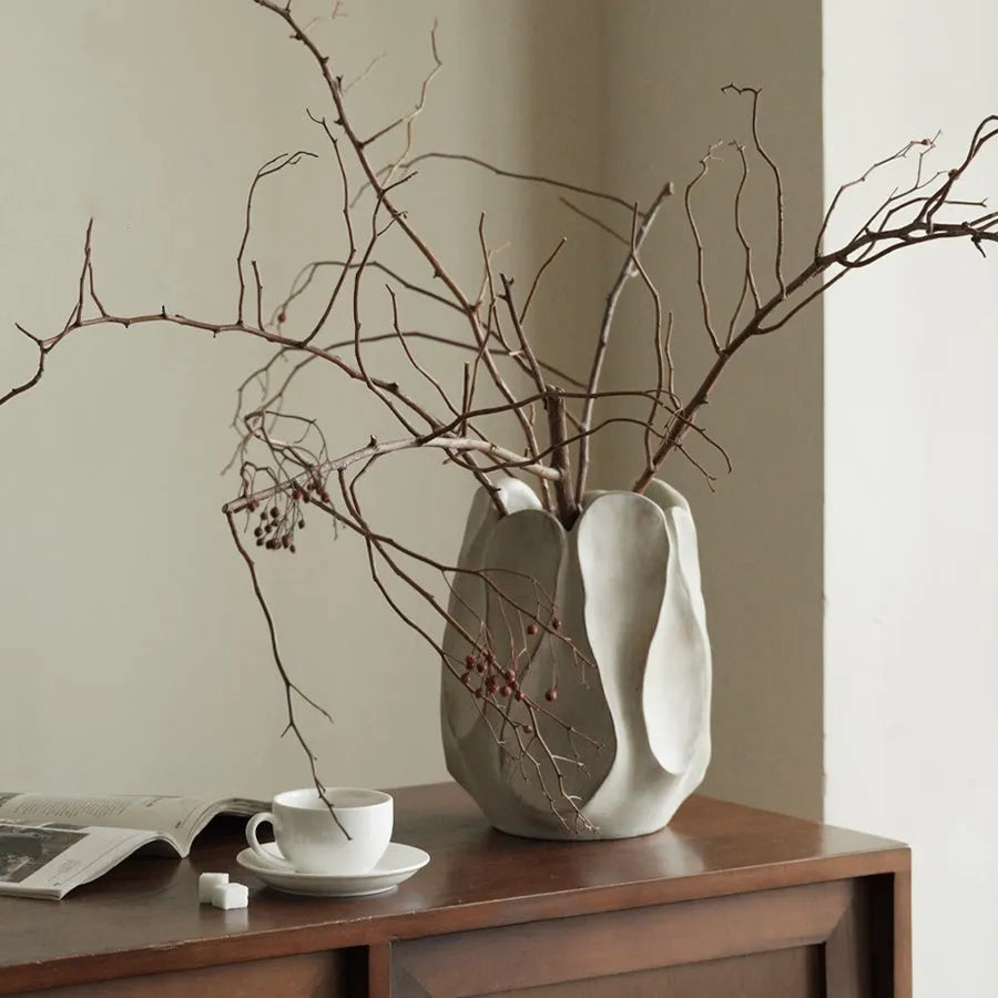 Irregular ceramic art vase in magnesium clay for flower arrangements in low or high style