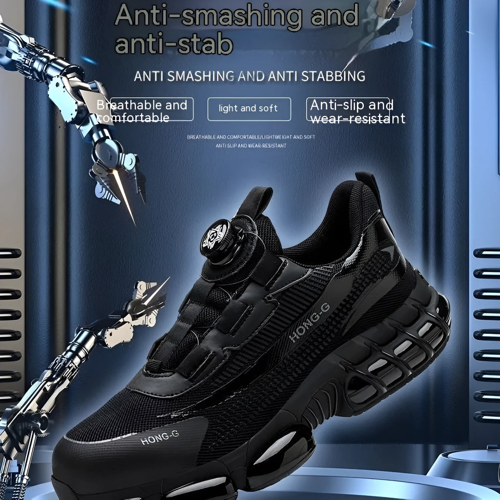 Lightweight black anti-smash safety work shoes with front lacing and a steel toe cap