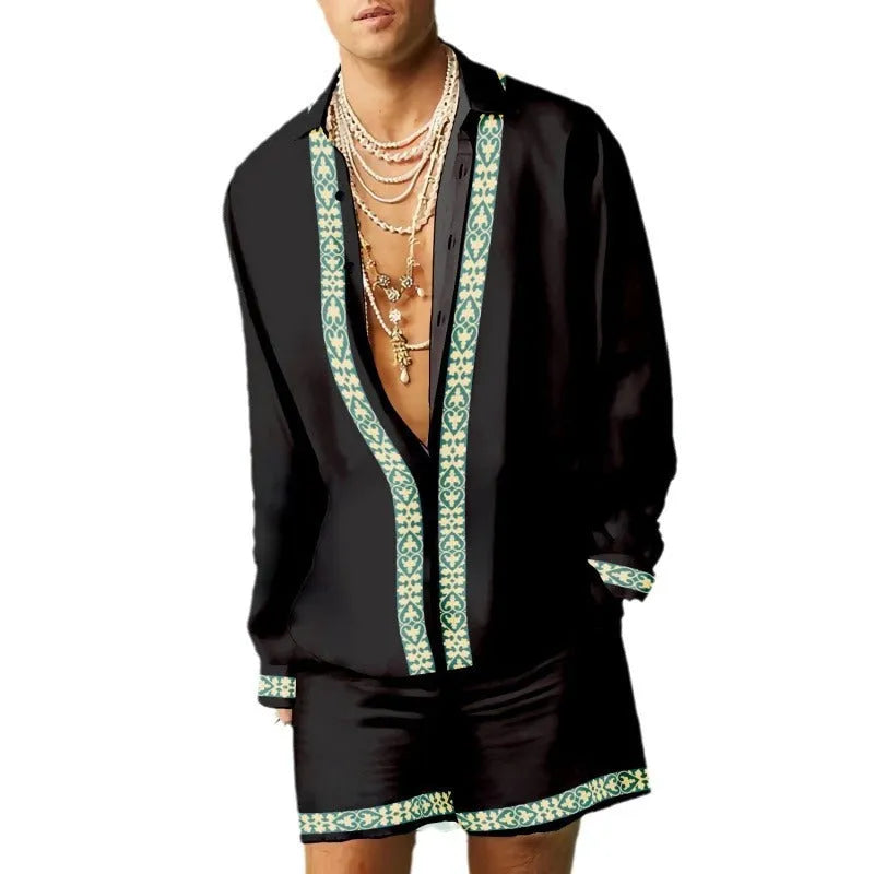 Loose-fitting casual shirt and shorts set in polyester fabric for summer, shown in a slim fit style.