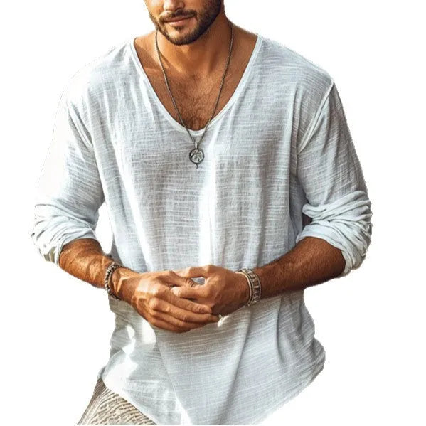 Men's beige slim fit V-neck long-sleeved t-shirt made from a hemp-blend fabric.