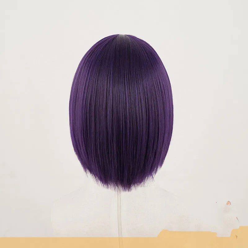 Short purple cosplay wig made from high temperature silk with rose net inner net for a natural look