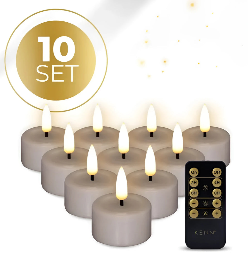 Four taupe-coloured LED tealight candles with glowing 3D flame effect on a dark surface.