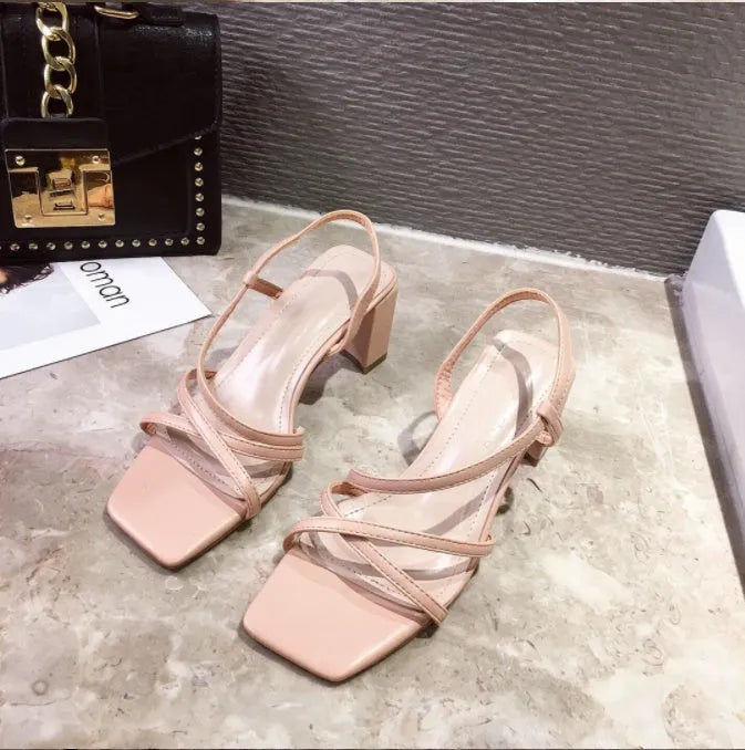Women's thick heel sandals in apricot colour showing the over 8cm heel and side-air design.