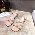 Women's thick heel sandals in apricot colour showing the over 8cm heel and side-air design.
