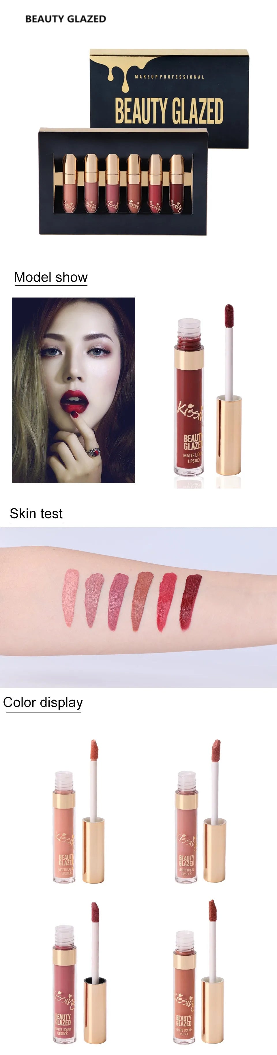Six tubes of liquid matte lipstick in assorted shades laid out on a white background