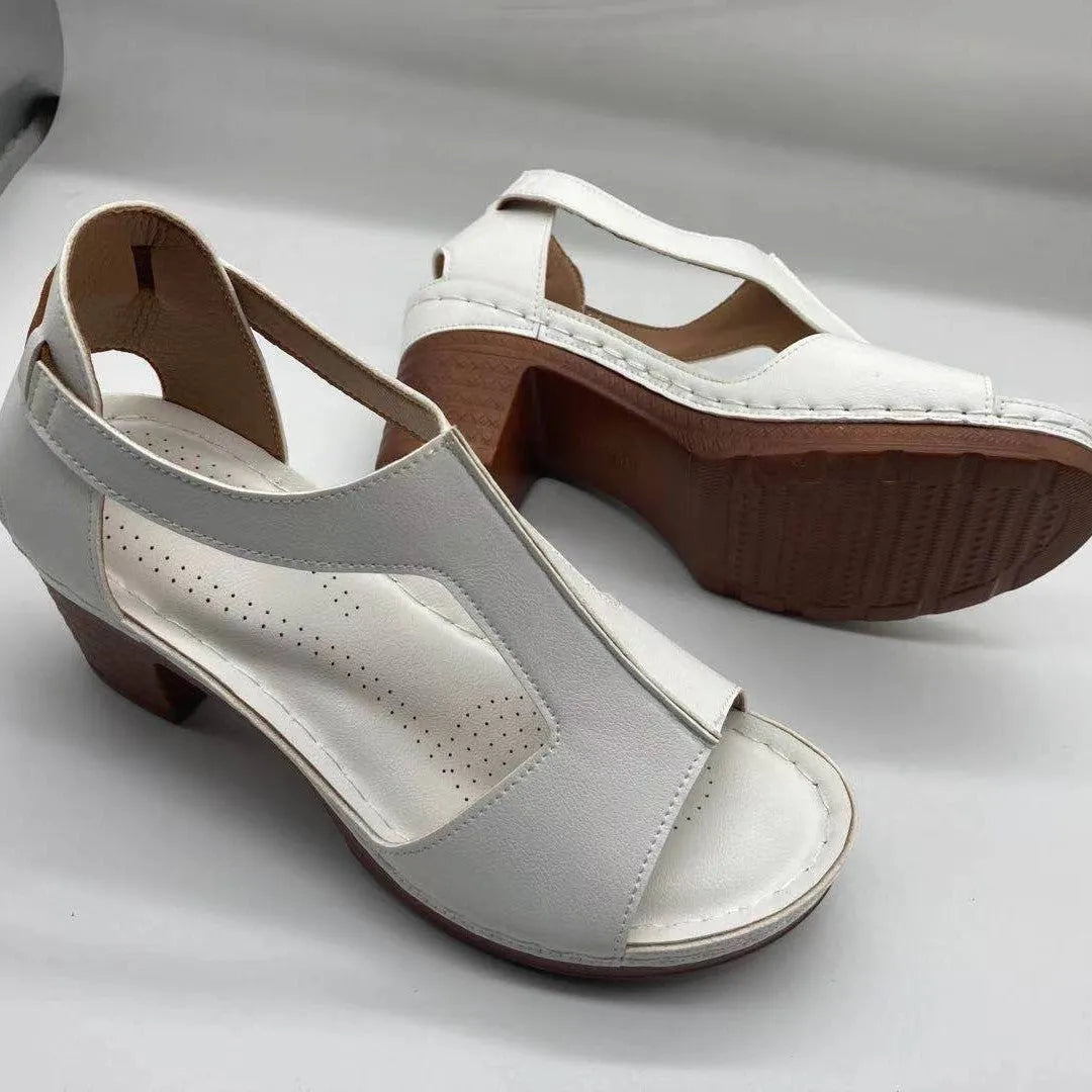 Plus size peep toe wedge sandals with Roman buckle detailing in light brown colour