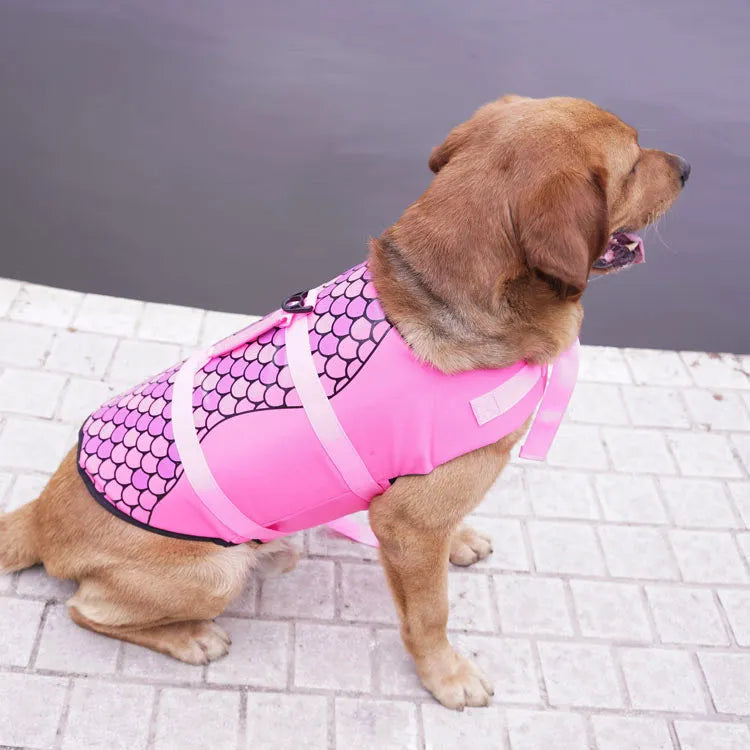 Pet life jacket vest for dogs in polyester, available in Rose Red and Silver Grey sizes XS to L