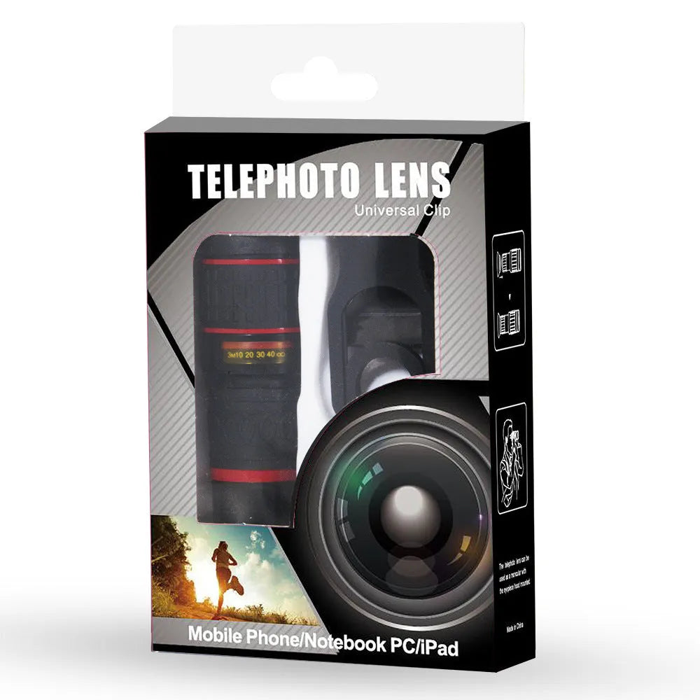 20x magnification mobile phone telescope with universal mounting clip and single eyepiece mask.